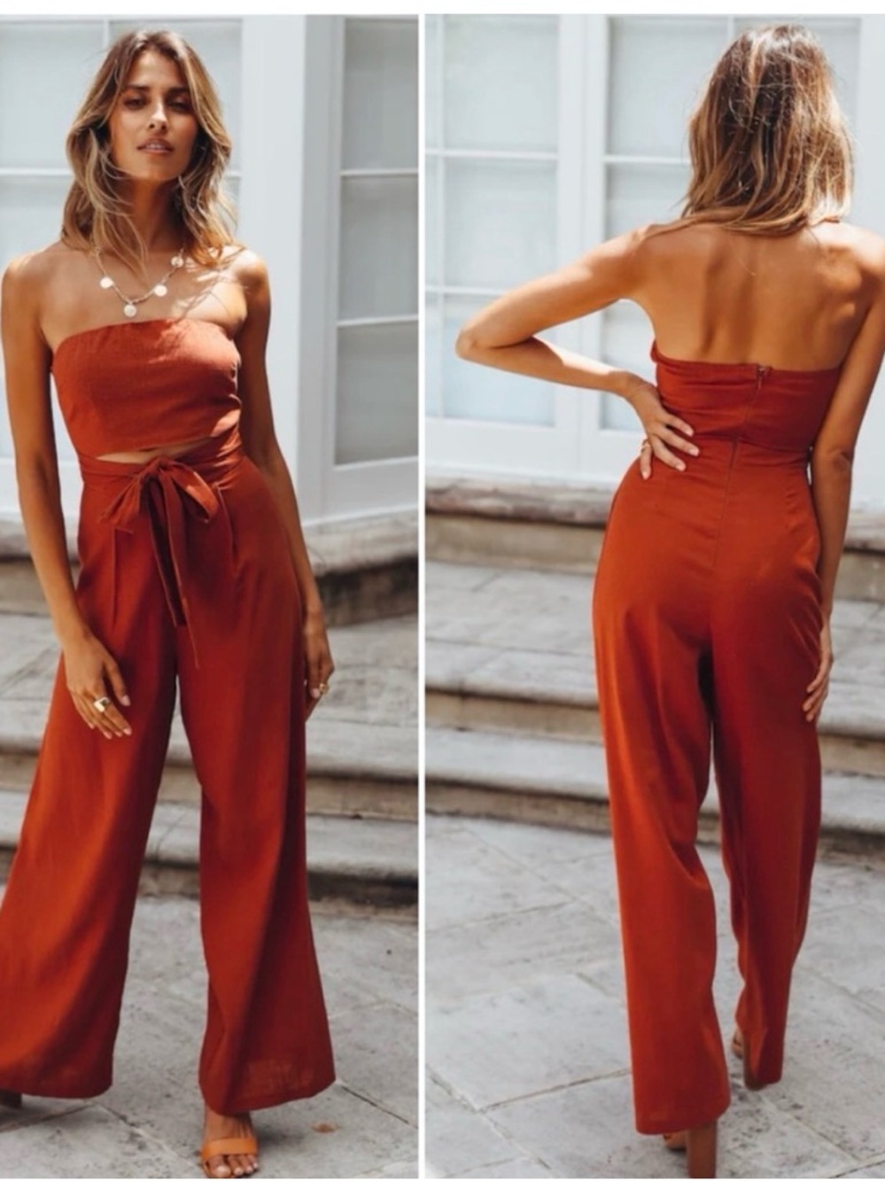 Hello Molly Rust Strapless Wide-Leg Jumpsuit with Tie Waist